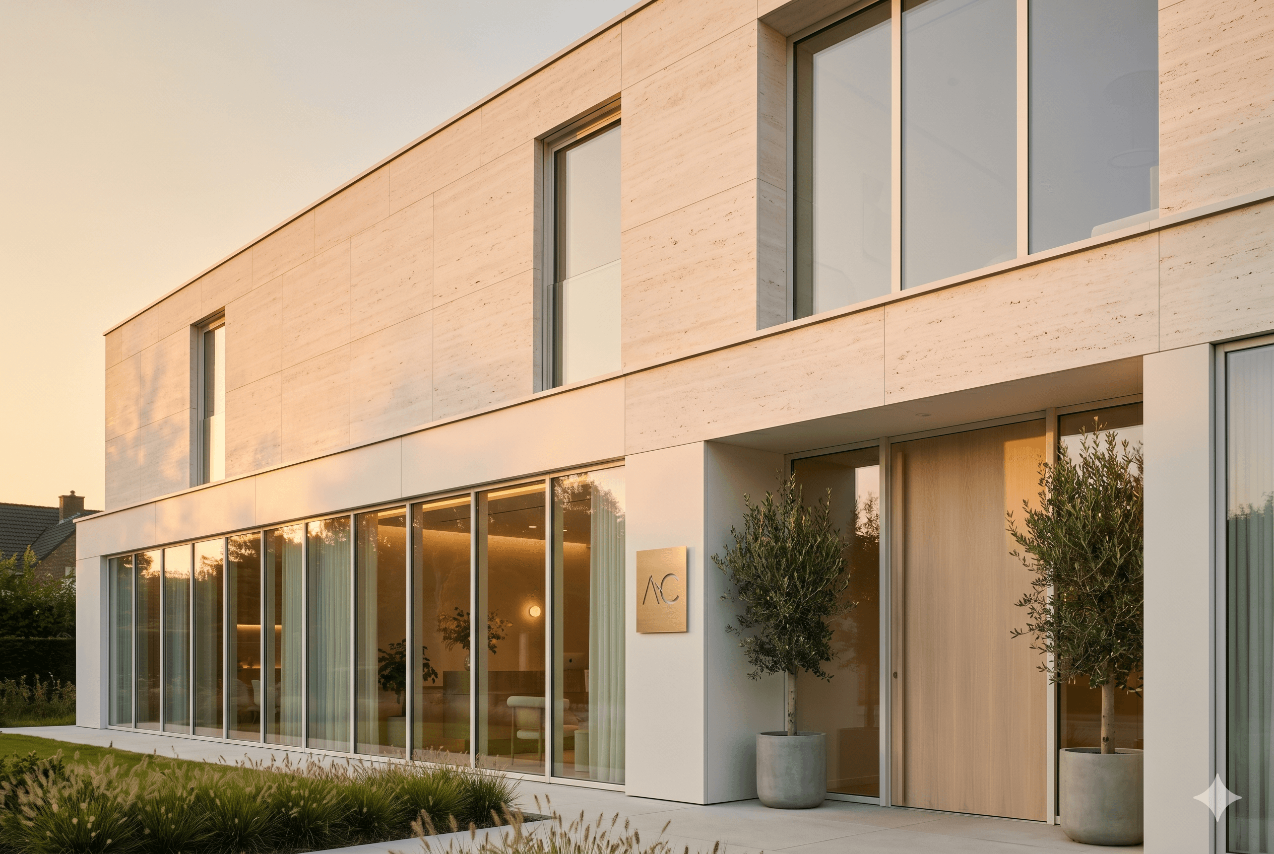 Fachada da Clínica Health Brasil ao entardecer — arquitetura moderna em madeira e vidro