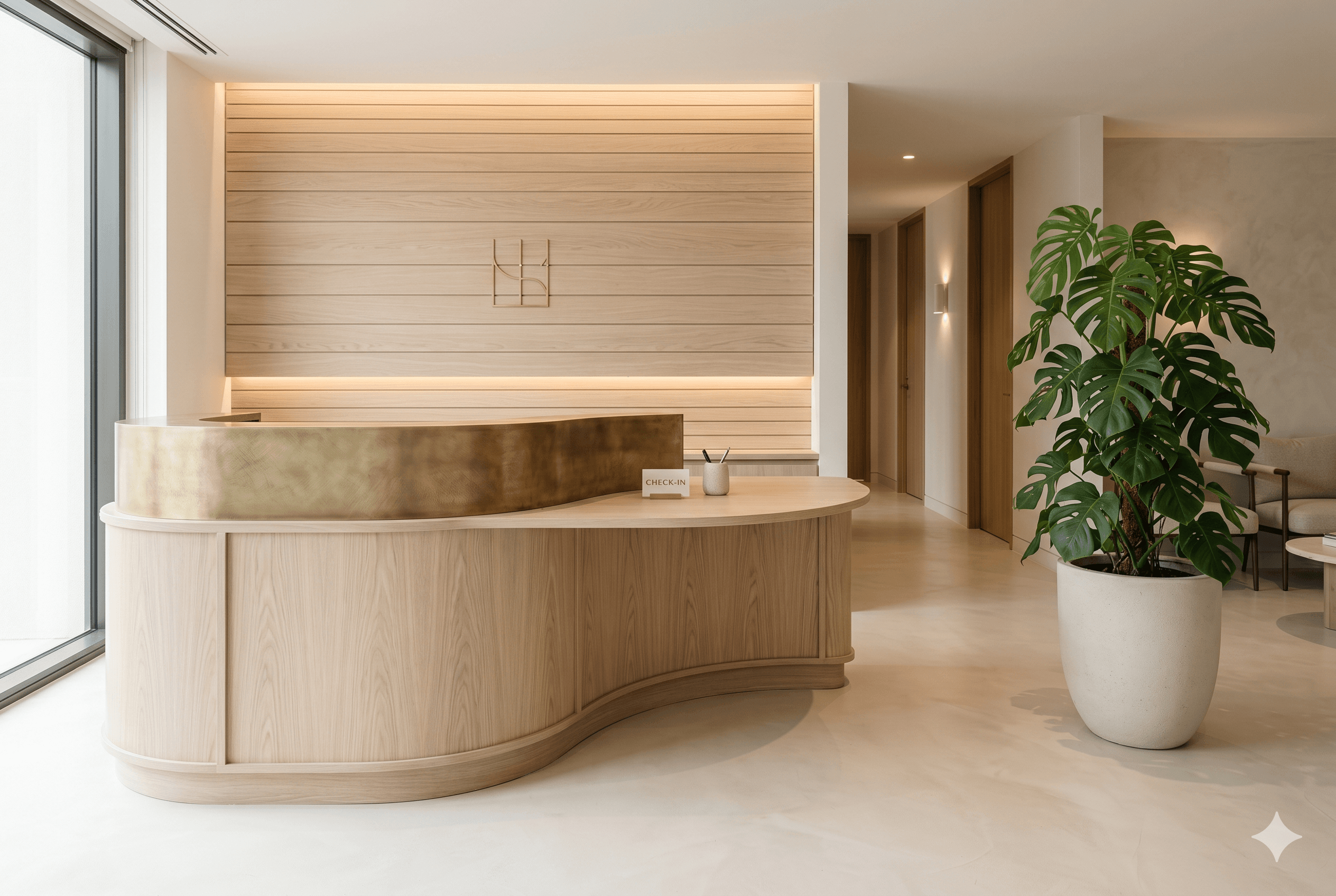 Recepção da Clínica Health Brasil — madeira clara, luz natural e arquitetura acolhedora